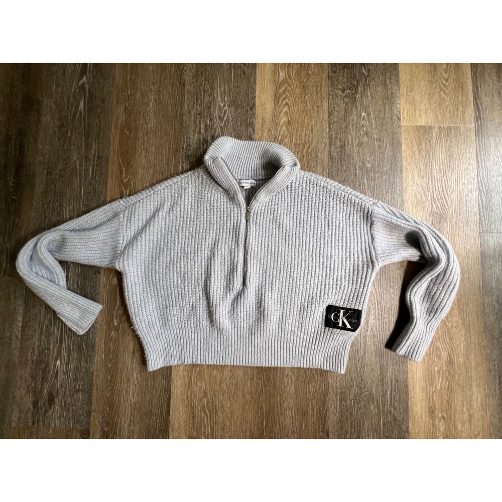 Calvin Klein Jeans Quarter Zip Sweater Womens XS Grey Ribbed Cropped Pullover‎